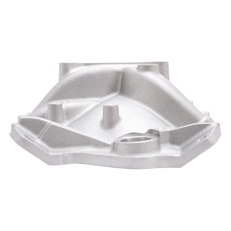 Edelbrock Performer Eps intake manifold for small-block Chevy with oil fill tube and breather, showing polished metal surface and mounting ports.