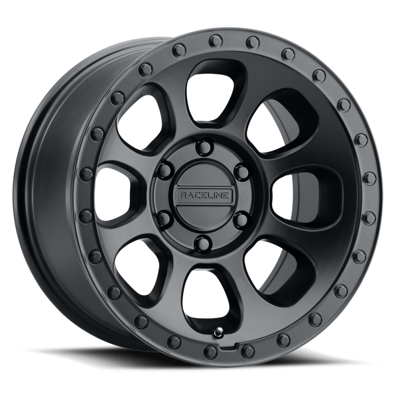 Raceline 961B Bolt forged 17x9 inch satin black wheels with 6x139.7 bolt pattern, -12mm offset, 106.1mm bore.