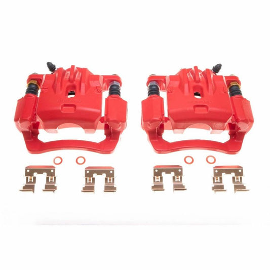 Pair of PowerStop red brake calipers for rear of 2016-2018 Subaru Crosstrek, performance brake calipers for enhanced stopping power.