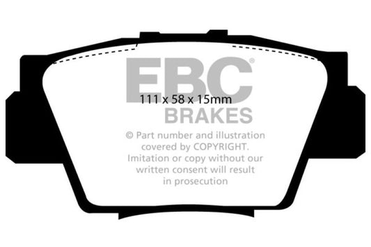 EBC Redstuff rear brake pads for 1991-1996 Acura NSX 3.0, performance brake pads with red friction material and metal backing.