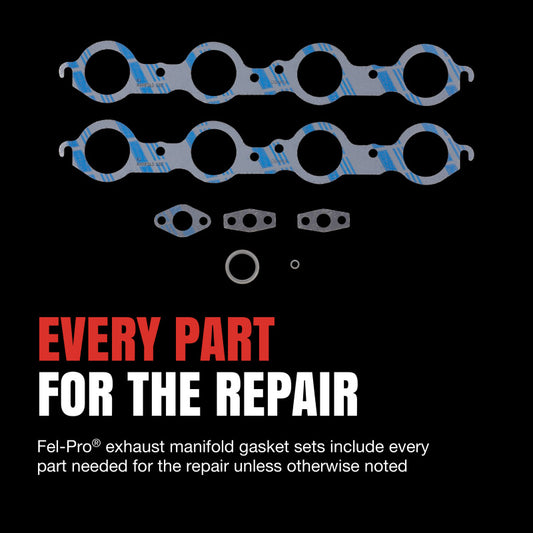 Fel-Pro Ford F-350 exhaust manifold gasket set showing multiple gaskets with detailed metal and rubber components for engine sealing