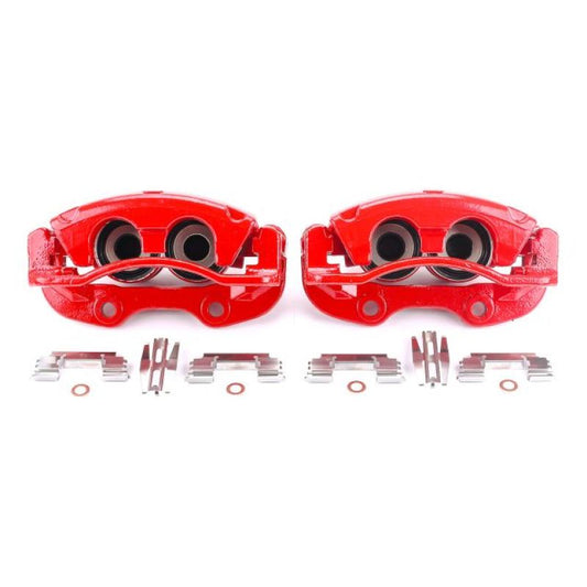 Pair of PowerStop rear red brake calipers with brackets for Cadillac Escalade 2002-2006, performance brake calipers for rear installation.