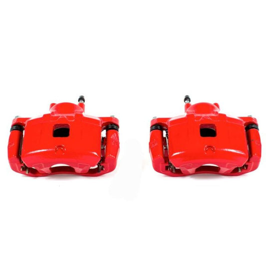 Pair of PowerStop 11-14 Chrysler 200 front red performance brake calipers with brackets, shown installed on vehicle.