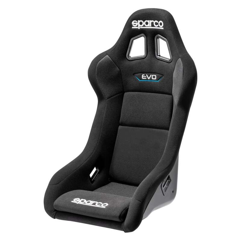 Black Sparco Seat Evo QRT race seat with racing harness slots and ergonomic design for high-performance driving.