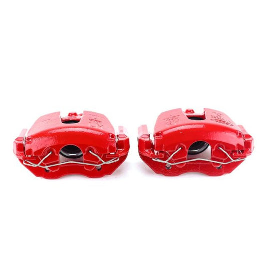 Pair of PowerStop red front brake calipers with brackets for Mazda 3 (2008-2013) performance replacement, shown in the image.