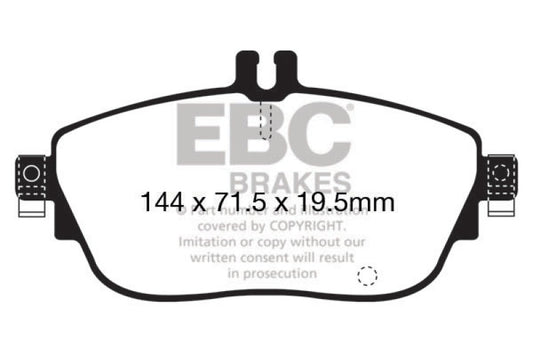 EBC 13+ Mercedes-Benz CLA250 front brake pads, performance Greenstuff turbo brake pads installed on vehicle, close-up view
