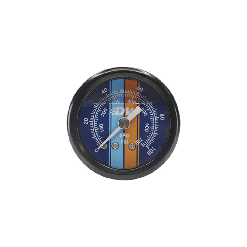 DeatschWerks 1.5-inch black housing fuel pressure gauge with blue face, 0-100 PSI, 1/8 inch NPT mechanical gauge for vehicles.