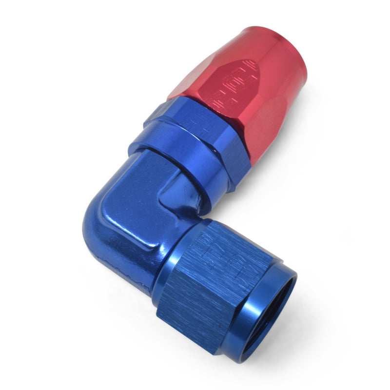 Russell Performance -6 AN red and blue 90-degree forged aluminum swivel hose end fitting, showing detailed close-up view