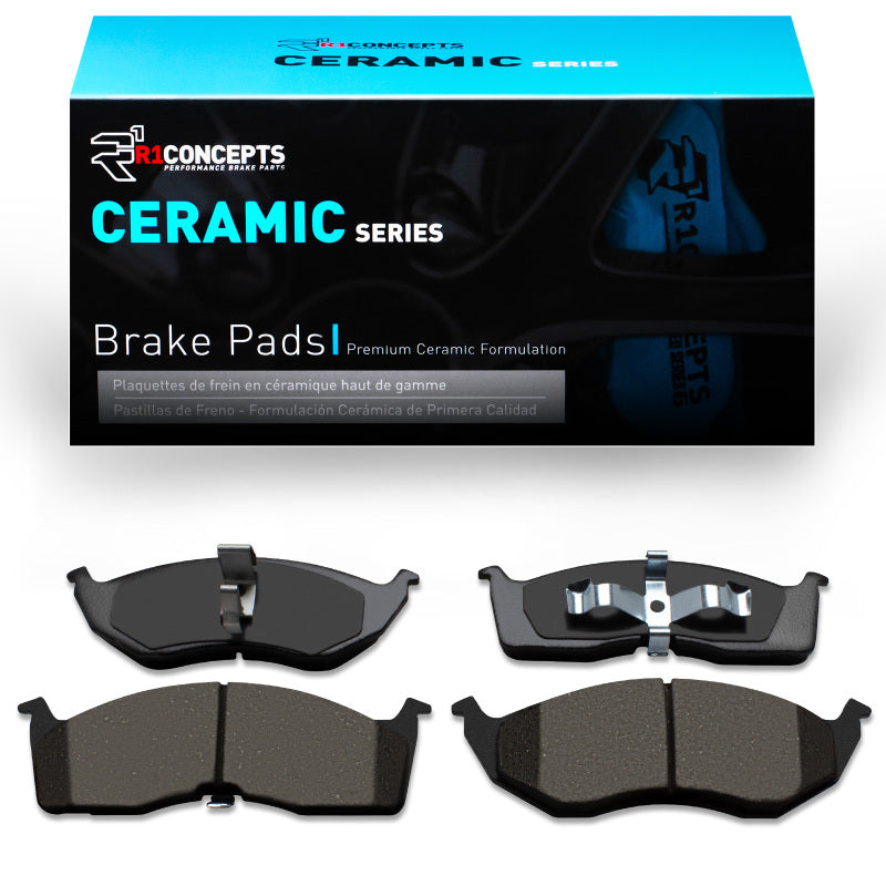 R1 Concepts OE ceramic brake pads for Dodge Intrepid 98-04 front brake system, showing the brake pad components.