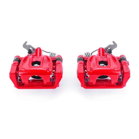Pair of PowerStop red rear brake calipers with brackets for Ford Five Hundred 2005-2007, performance brake calipers for enhanced stopping power.