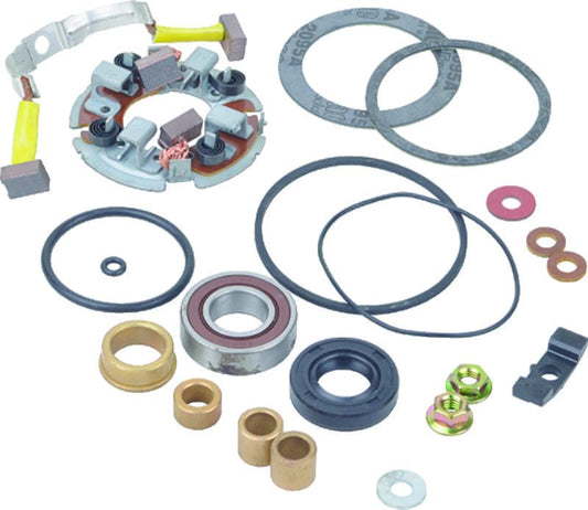 BikeMaster starter rebuild kit with brush for powersports vehicles, featuring components for starter motor repair.