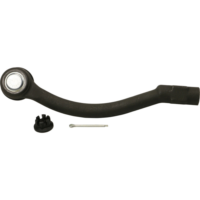 Moog front left outer tie rod end for 2015-2019 Kia Soul EV, close-up of the black metal automotive part with connecting end