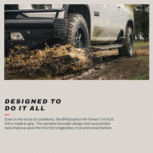 BFGoodrich All Terrain T/A KO3 295/50R22 off-road UTV tire with rugged tread pattern on a vehicle wheel.