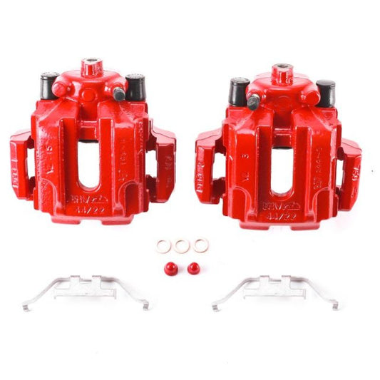 Pair of PowerStop rear red brake calipers with brackets for 2006 BMW 330i, performance brake calipers for enhanced stopping power.