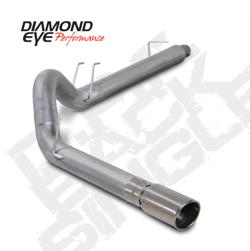 Diamond Eye Performance DPF Back exhaust kit for Ford F250/F350, 5-inch diameter, with packaging and detailed pipe dimensions visible.