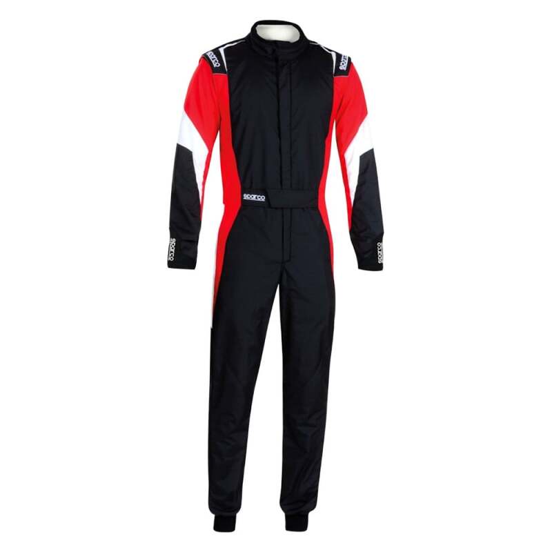 Black and white Sparco competition racing suit with boot cuff, designed for motorsport performance and safety.