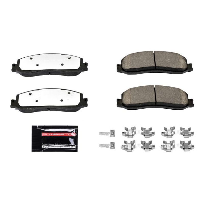 PowerStop performance front Z36 brake pads with hardware for 2012 Ford F-250 Super Duty truck, designed for towing and stopping power.
