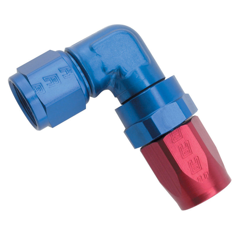 Russell Performance -6 AN red and blue 90-degree forged aluminum swivel hose end fitting for high-performance automotive use