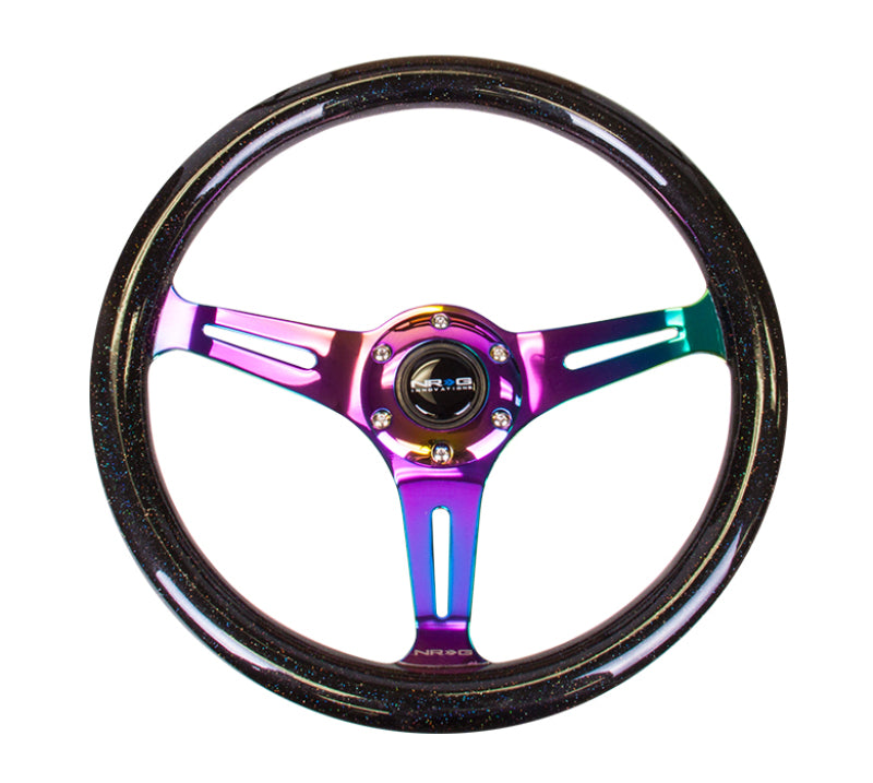 NRG Classic 350mm wood grain steering wheel in black sparkle and galaxy color with neochrome 3-spoke design.