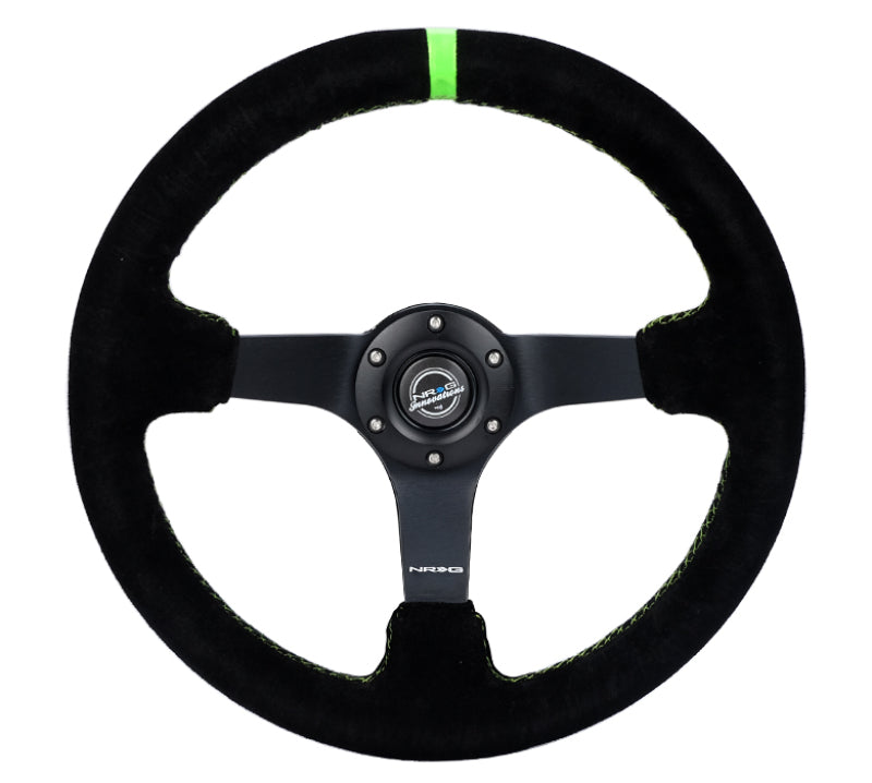 NRG reinforced 350mm deep black suede steering wheel with neon green stitching and 5mm matte black spoke detail.