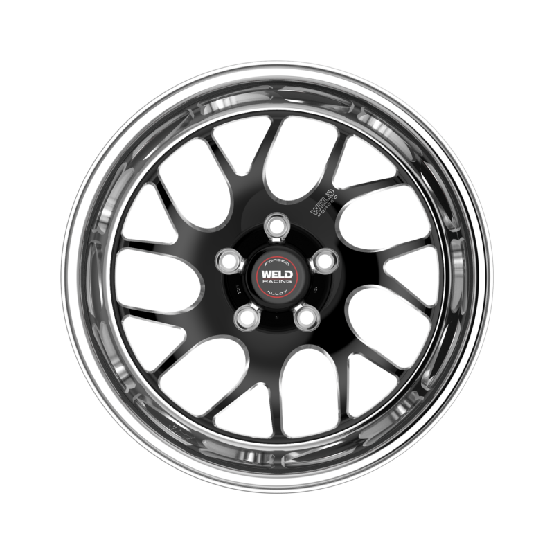 Weld S78 forged wheel, 18x5 inches, 5x120 bolt pattern, black center with polished shell, non-BL wheel on a vehicle.