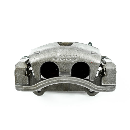 PowerStop OE front right brake caliper with bracket and logo for Jeep Commander (2006-2010) in a close-up view.