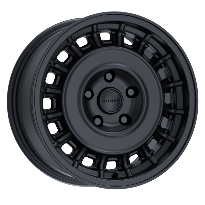 Nomad N502SB Arvo forged satin black 17x8.5 inch wheel with 6x139.7 bolt pattern, 0mm offset, 106.1mm bore, visible design details.