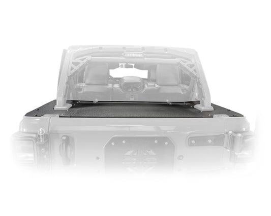 DV8 Offroad 2018+ Jeep Wrangler JL 4-door rear storage cover shown on tailgate, offroad vehicle accessory for Jeep Wrangler.