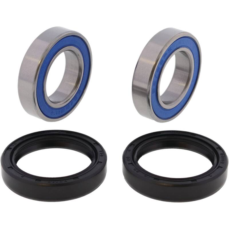 All Balls Racing front wheel bearing kit for Kawasaki KX250F 2021-2023 motorcycle, showing wheel bearings and packaging.
