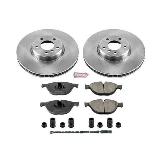 PowerStop OE brake kit for BMW 535i GT 2010-2017, front brake rotors and pads with installed hardware.