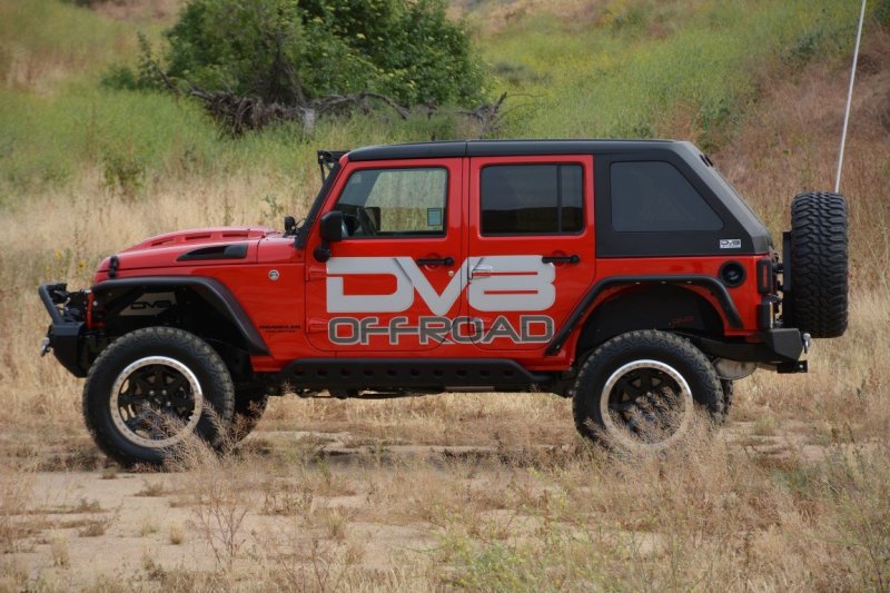 Black primer DV8 Offroad Jeep Wrangler JK metal heat dispersion hood from 2007 to 2018 with vented design.
