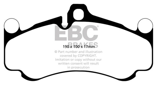EBC 10-12 Porsche 911 (997) 3.8 GT3 front brake pads, red performance brake pads for cast iron rotors, showing detailed pad design