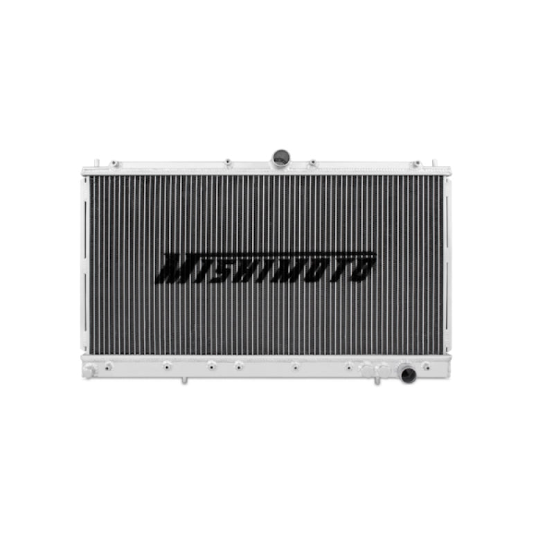 Mishimoto aluminum radiator for 1991-1999 Mitsubishi 3000GT Turbo, showing the sleek silver core and mounting brackets.