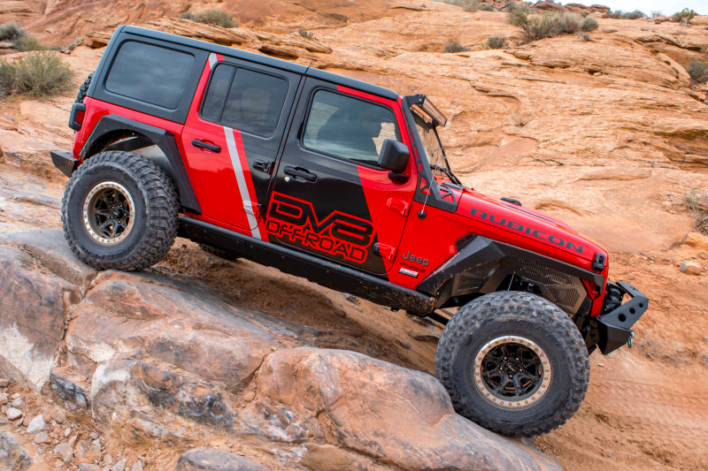 DV8 Offroad Jeep Wrangler JL armor fenders with integrated LED turn signal lights, durable offroad protective fenders for 2018+ models