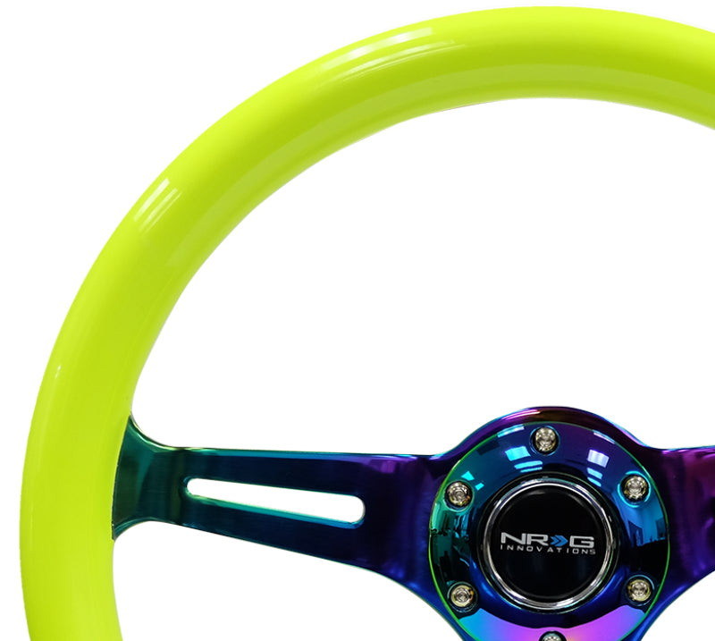 NRG Classic wood grain steering wheel with neon yellow color and neochrome spokes, 350mm diameter for racing or custom cars.