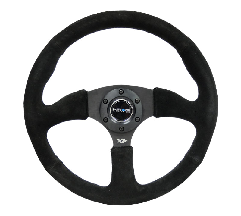 NRG reinforced 350mm black suede steering wheel with deep grip and 5mm matte black spokes, designed for comfort and style.