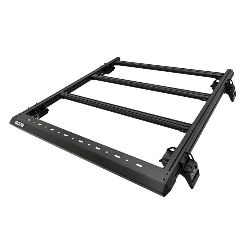 Westin Jeep Wrangler JL Unlimited Mesa Roof Rack with black metal frame and mounting hardware, installed on vehicle roof.