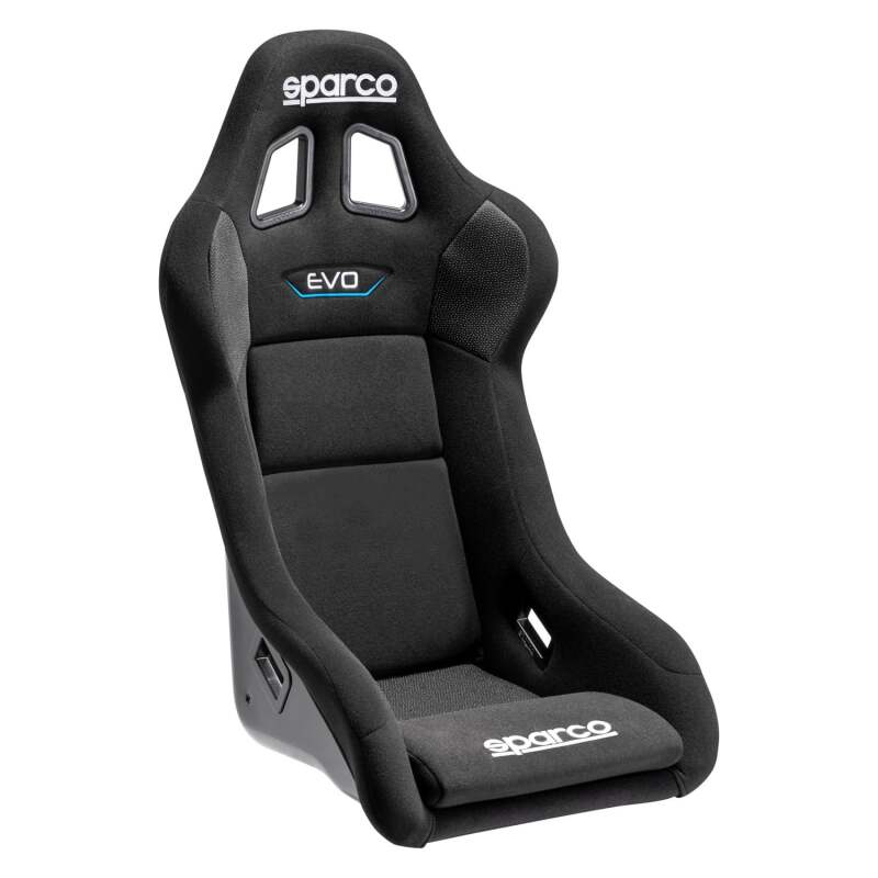 Black Sparco Seat Evo QRT race seat with racing harness slots and ergonomic design for high-performance driving.