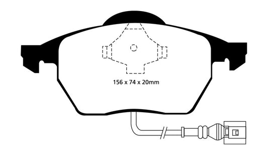 EBC Redstuff front brake pads for Audi TT 1.8 Turbo, performance brake pads showing the red friction material and metal backing plate.