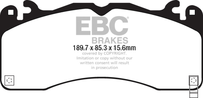 EBC Ultimax2 front brake pads for 2015+ Ford Mustang 2.3L Turbo GT, OE style, with brake pad friction surface and mounting features.