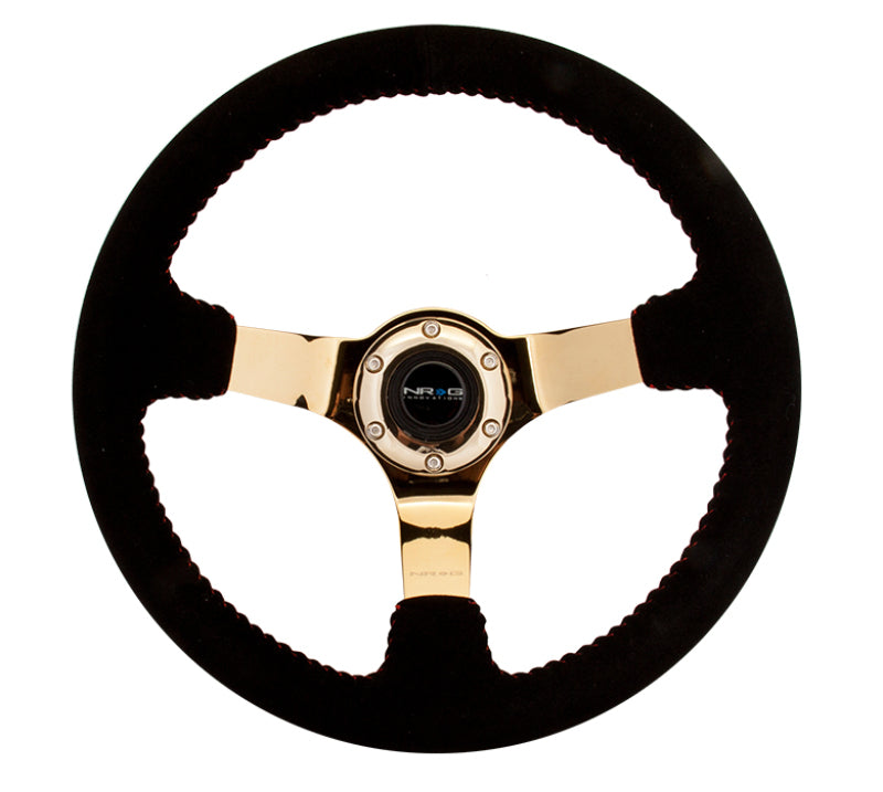 NRG reinforced black suede steering wheel with 3-inch deep dish, red basketball stitching, chrome gold 3-spoke design.