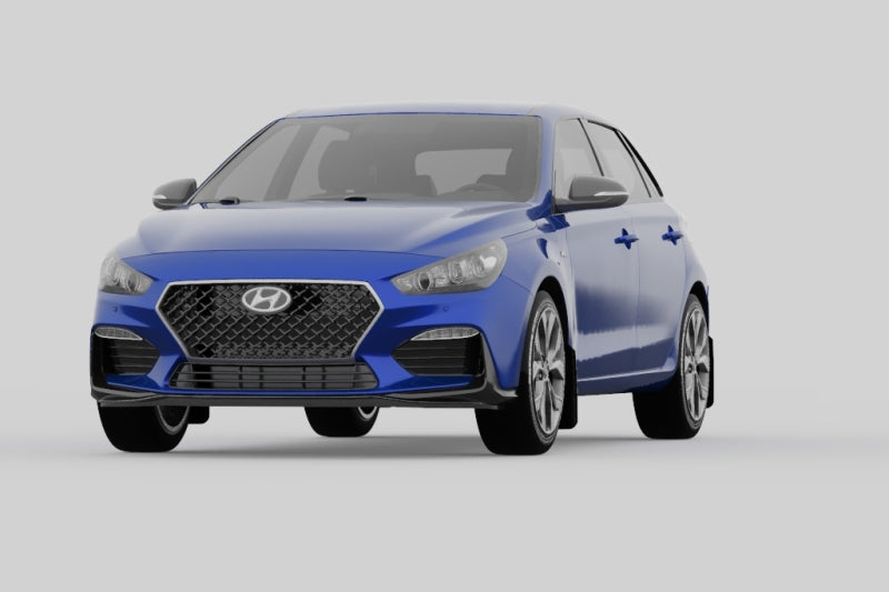 Rally Armor black mud flaps with blue logo for Hyundai Elantra GT N Line and i30, showing the durable rubber material.