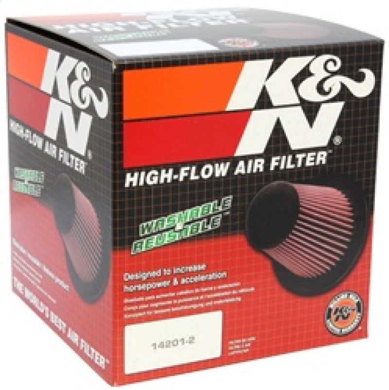 K&N Engineering universal rubber air filter with 5-inch flange, 6.5-inch base, 4.38-inch top, and 7-inch height for automotive use.