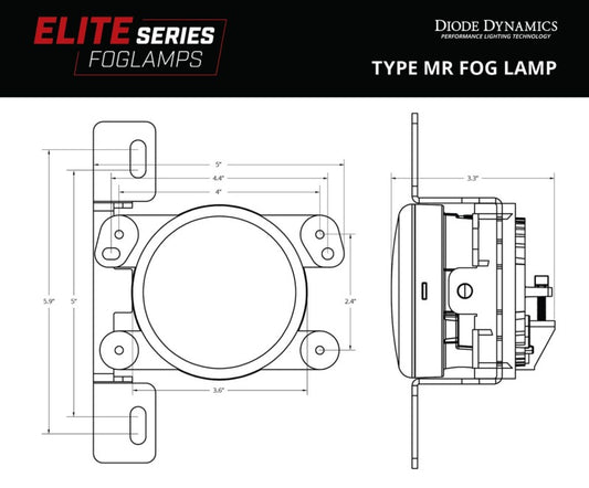 Pair of Diode Dynamics Elite Series Type MR white fog lamps showing sleek, compact design for improved visibility in foggy conditions.