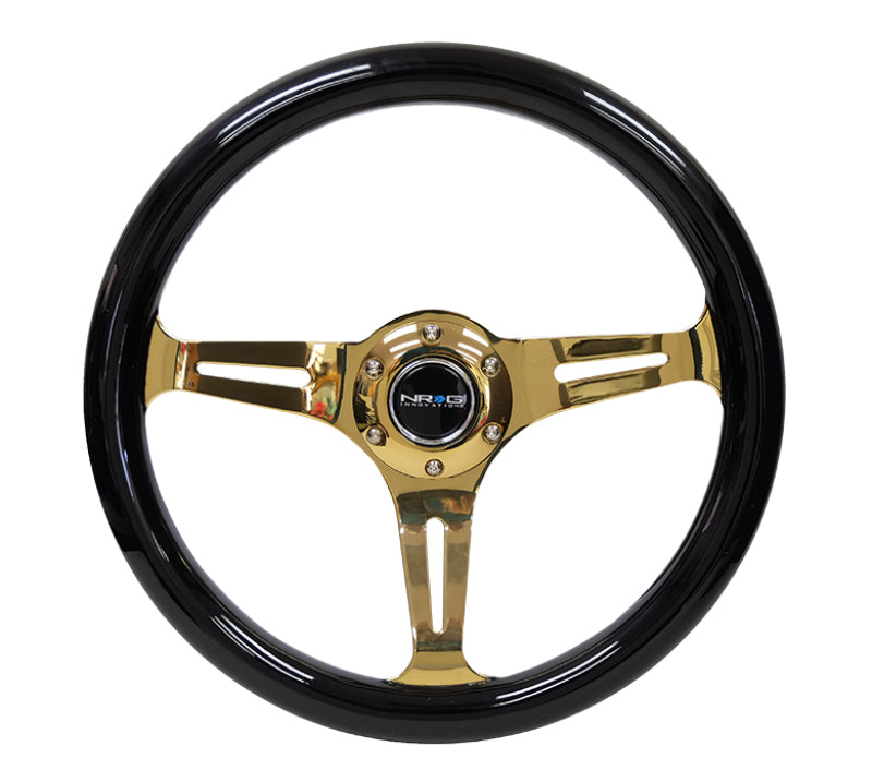 NRG Classic wood grain steering wheel with black grip and chrome gold 3-spoke center, 350mm diameter, automotive steering wheel accessory