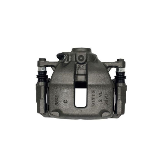 PowerStop OE front left brake caliper with bracket for Mini Cooper 2007-2016, showcasing the black metal caliper and mounting bracket.