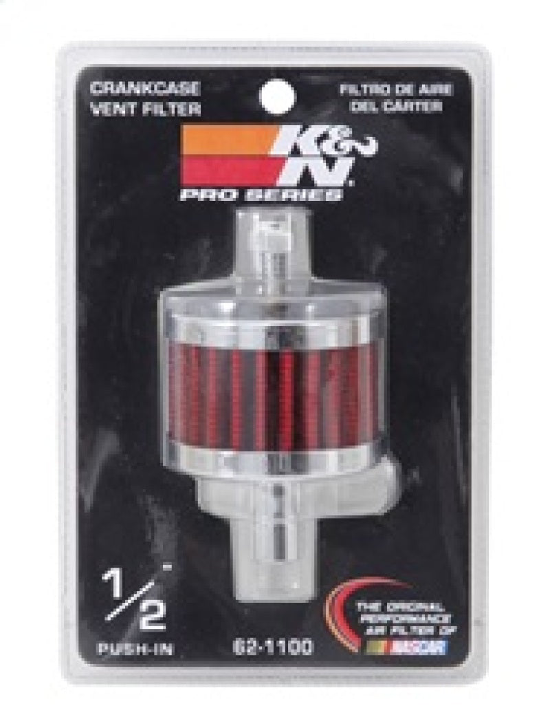 K&N Steel Base Crankcase Vent Filter with 0.5in vent OD, 2in OD, 1.5in height, universal fit air filter for engine ventilation