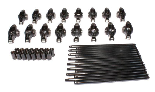 COMP Cams Ultra Pro rocker and pushrod kit showing polished metal pushrods and rocker arms for high-performance engine upgrade.