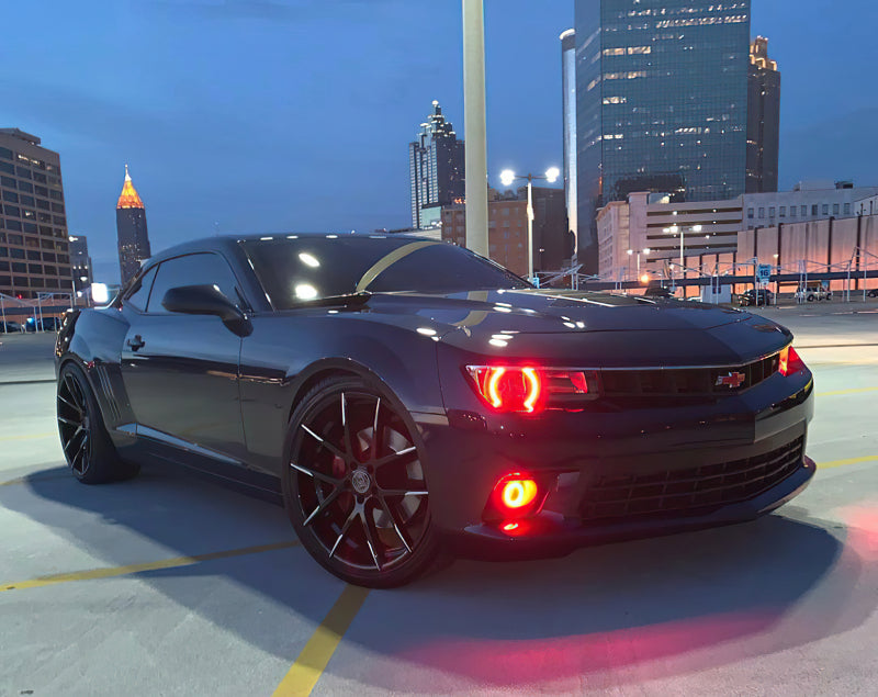 Oracle Chevrolet Camaro LED round headlight halo kit with red rings, designed for 2014-2015 non-RS models, by Oracle Lighting.