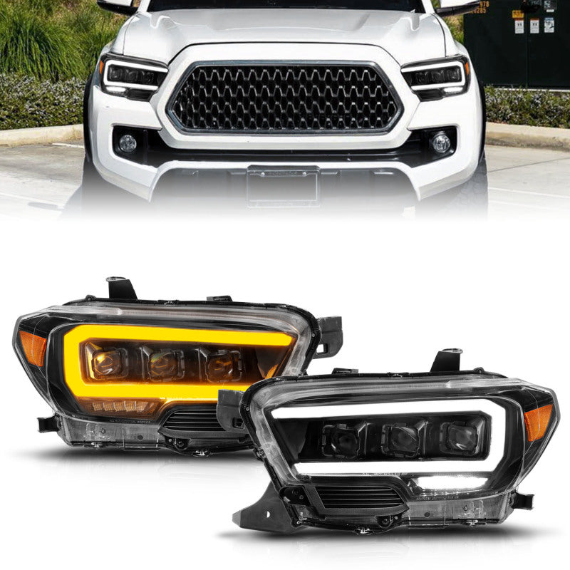 ANZO LED projector headlights with light bar for Toyota Tacoma, black housing, sequential turn signals, and modern design.